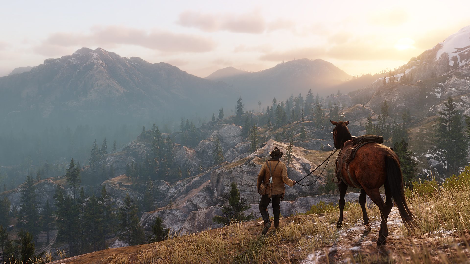 kuvankaappaus pelistä, mies taluttaa hevosta ja katselee kun aurinko laskee vuoren taakse